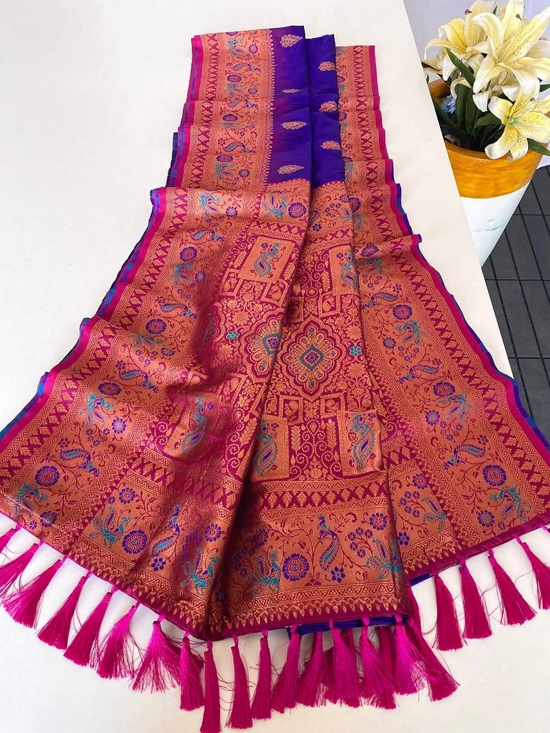 Royal Blue Paithani Silk blend Meenakari Weaving Saree 