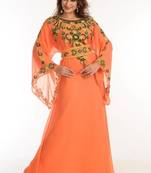 Orange zari work georgette islamic style party wear stones and beads embedded arabian kaftan