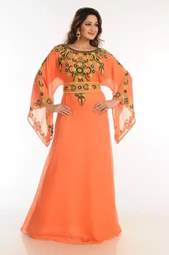 Orange zari work georgette islamic style party wear stones and beads embedded arabian kaftan