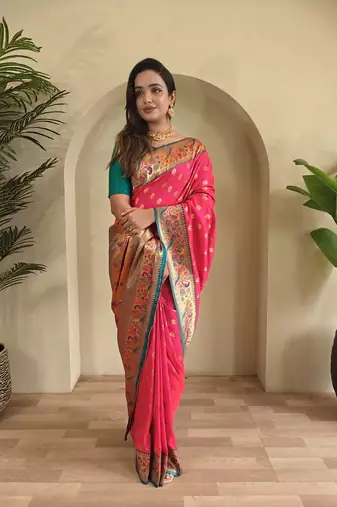 Rani Pink Paithani Silk blend Saree