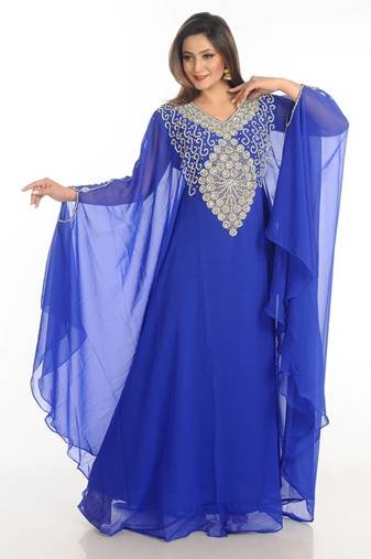 Blue zari work georgette islamic style party wear stones and beads embedded arabian kaftan
