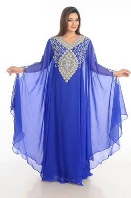 Blue zari work georgette islamic style party wear stones and beads embedded arabian kaftan 2