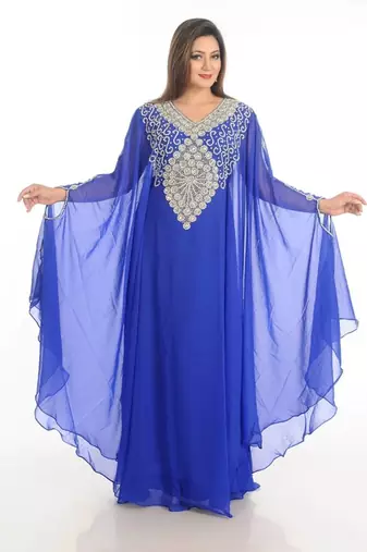 Blue zari work georgette islamic style party wear stones and beads embedded arabian kaftan