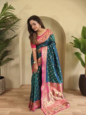 Teal Paithani Silk blend Saree 1