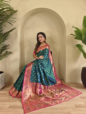 Teal Paithani Silk blend Saree 4