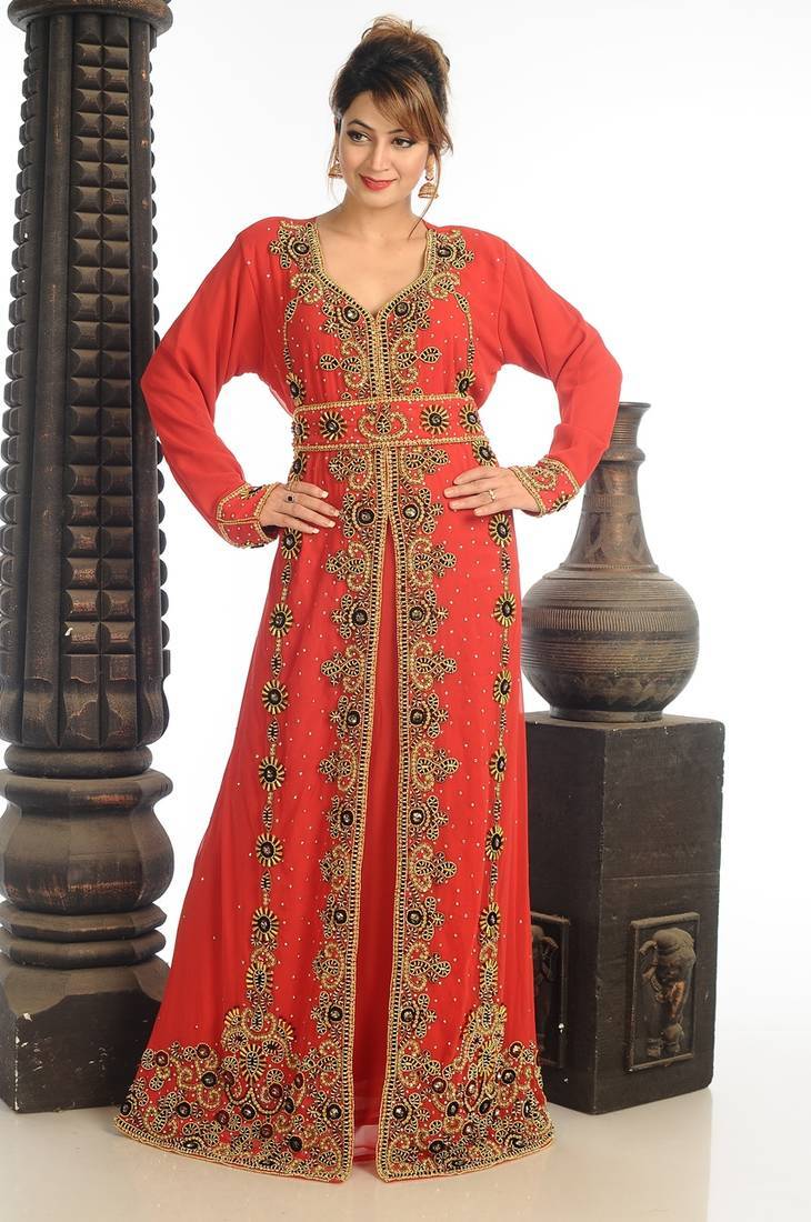 Orange georgette kaftan with zari work