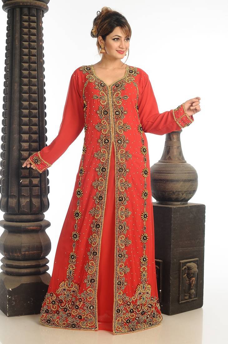 Orange georgette kaftan with zari work