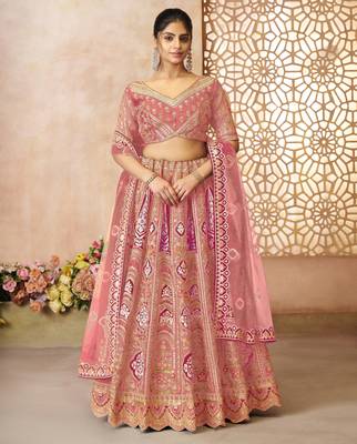 Pink Aari embroidered Banarasi silk Lehenga with unstiched blouse 1