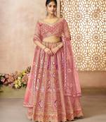 Pink Aari embroidered Banarasi silk Lehenga with unstiched blouse