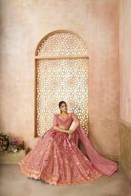 Pink Aari embroidered Banarasi silk Lehenga with unstiched blouse 2