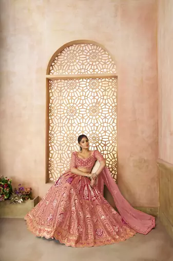 Pink Aari embroidered Banarasi silk Lehenga with unstiched blouse
