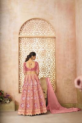 Pink Aari embroidered Banarasi silk Lehenga with unstiched blouse 3