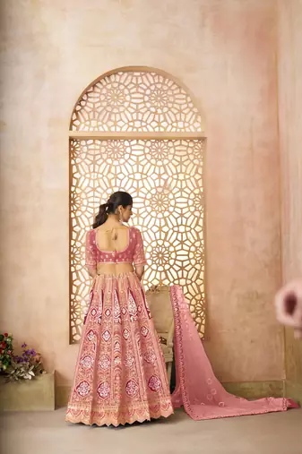 Pink Aari embroidered Banarasi silk Lehenga with unstiched blouse