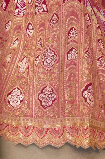 Pink Aari embroidered Banarasi silk Lehenga with unstiched blouse