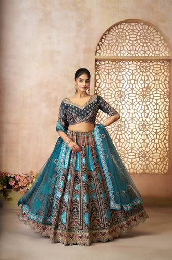 Blue Aari embroidered Banarasi silk Lehenga with unstiched blouse