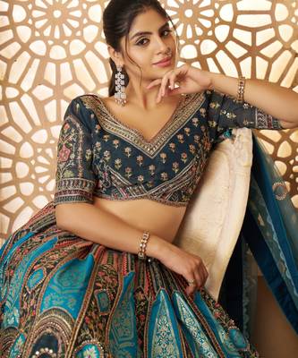 Blue Aari embroidered Banarasi silk Lehenga with unstiched blouse 2