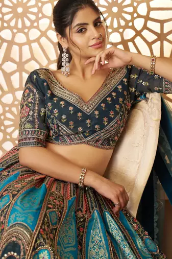 Blue Aari embroidered Banarasi silk Lehenga with unstiched blouse