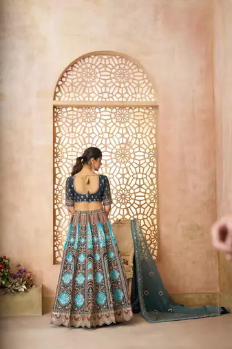 Blue Aari embroidered Banarasi silk Lehenga with unstiched blouse