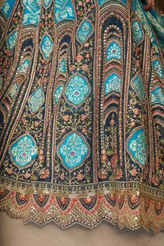 Blue Aari embroidered Banarasi silk Lehenga with unstiched blouse