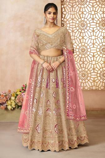 Chiku Aari embroidered Banarasi silk Lehenga with unstiched blouse