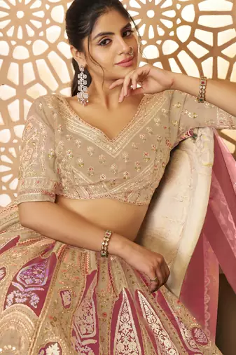Chiku Aari embroidered Banarasi silk Lehenga with unstiched blouse