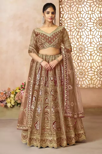 Coffee Aari embroidered Banarasi silk Lehenga with unstiched blouse