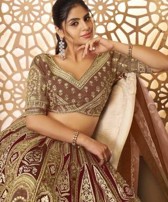 Coffee Aari embroidered Banarasi silk Lehenga with unstiched blouse 2
