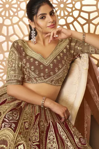 Coffee Aari embroidered Banarasi silk Lehenga with unstiched blouse