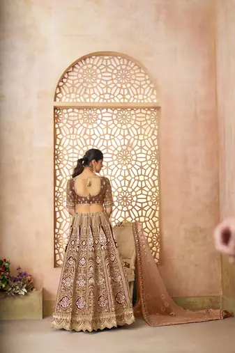 Coffee Aari embroidered Banarasi silk Lehenga with unstiched blouse