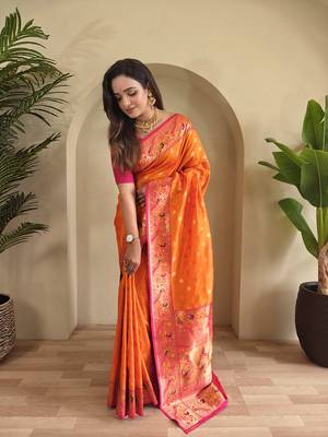 Orange Paithani Silk blend Saree 2