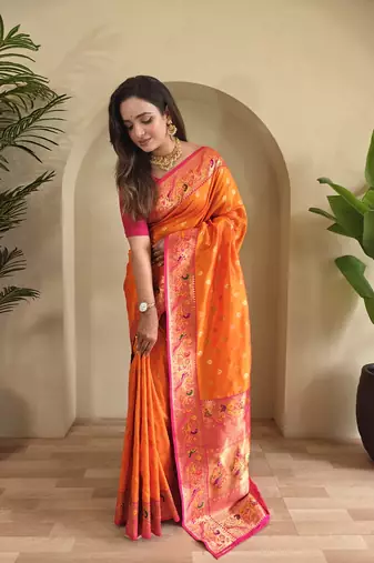 Orange Paithani Silk blend Saree