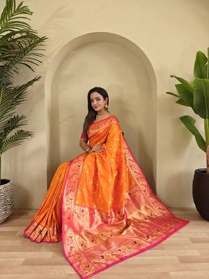 Orange Paithani Silk blend Saree 4