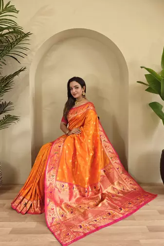 Orange Paithani Silk blend Saree