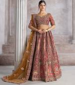 Mocha Aari and Sequins patch work Silk Semi bridal Lehenga Choli with unstiched blouse