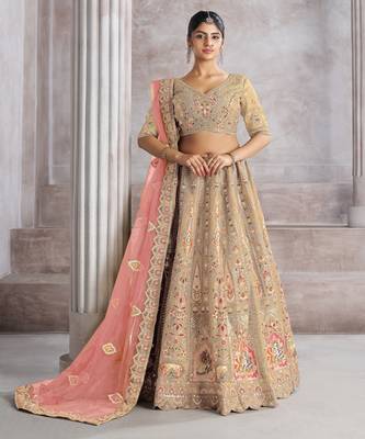 Chiku Aari and Sequins patch work Silk Semi bridal Lehenga Choli with unstiched blouse 1