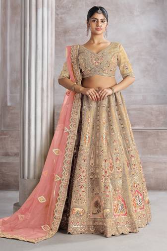 Chiku Aari and Sequins patch work Silk Semi bridal Lehenga Choli with unstiched blouse