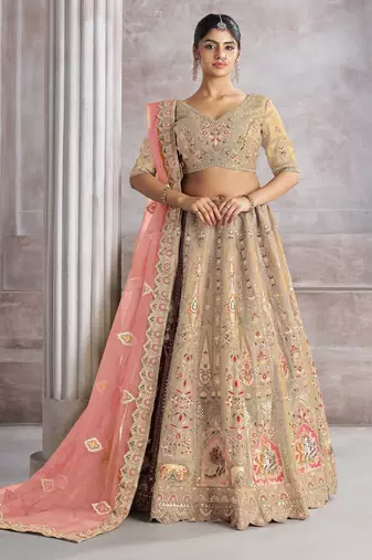 Chiku Aari and Sequins patch work Silk Semi bridal Lehenga Choli with unstiched blouse