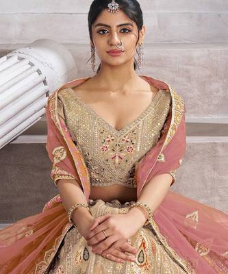 Chiku Aari and Sequins patch work Silk Semi bridal Lehenga Choli with unstiched blouse 2