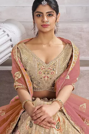 Chiku Aari and Sequins patch work Silk Semi bridal Lehenga Choli with unstiched blouse