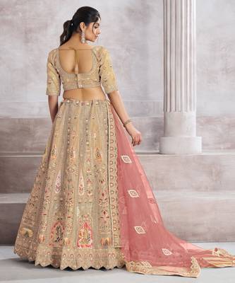 Chiku Aari and Sequins patch work Silk Semi bridal Lehenga Choli with unstiched blouse 3