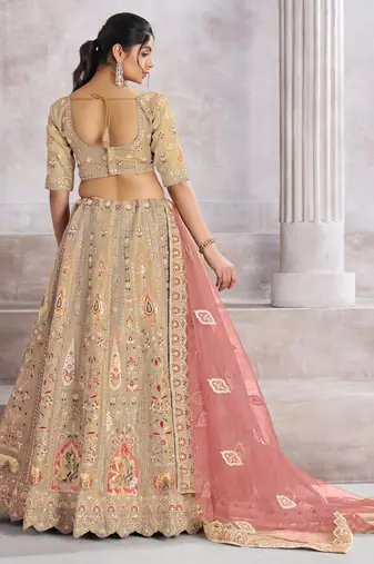 Chiku Aari and Sequins patch work Silk Semi bridal Lehenga Choli with unstiched blouse