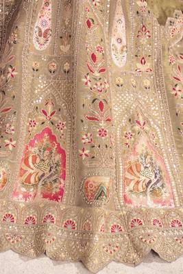 Chiku Aari and Sequins patch work Silk Semi bridal Lehenga Choli with unstiched blouse 4