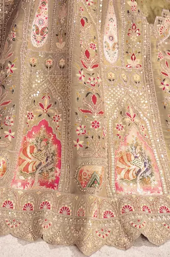 Chiku Aari and Sequins patch work Silk Semi bridal Lehenga Choli with unstiched blouse