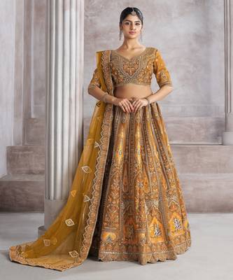 Mustard Aari and Sequins patch work Silk Semi bridal Lehenga Choli with unstiched blouse 1