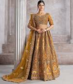 Mustard Aari and Sequins patch work Silk Semi bridal Lehenga Choli with unstiched blouse
