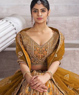 Mustard Aari and Sequins patch work Silk Semi bridal Lehenga Choli with unstiched blouse 2