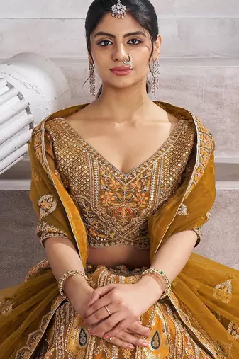 Mustard Aari and Sequins patch work Silk Semi bridal Lehenga Choli with unstiched blouse