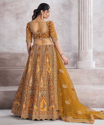 Mustard Aari and Sequins patch work Silk Semi bridal Lehenga Choli with unstiched blouse 3