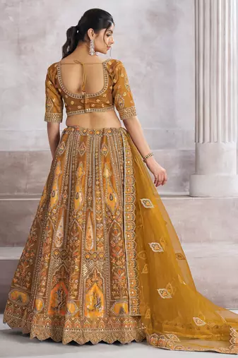 Mustard Aari and Sequins patch work Silk Semi bridal Lehenga Choli with unstiched blouse