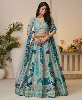 Sky Blue Patchwork and motif Banarasi silk Lehenga Lehenga with Unstiched Blouse 1